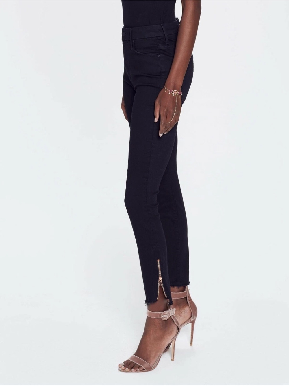 MOTHER The Stunner Double Zip Ankle Step Fray Black High-Rise Skinny Jeans